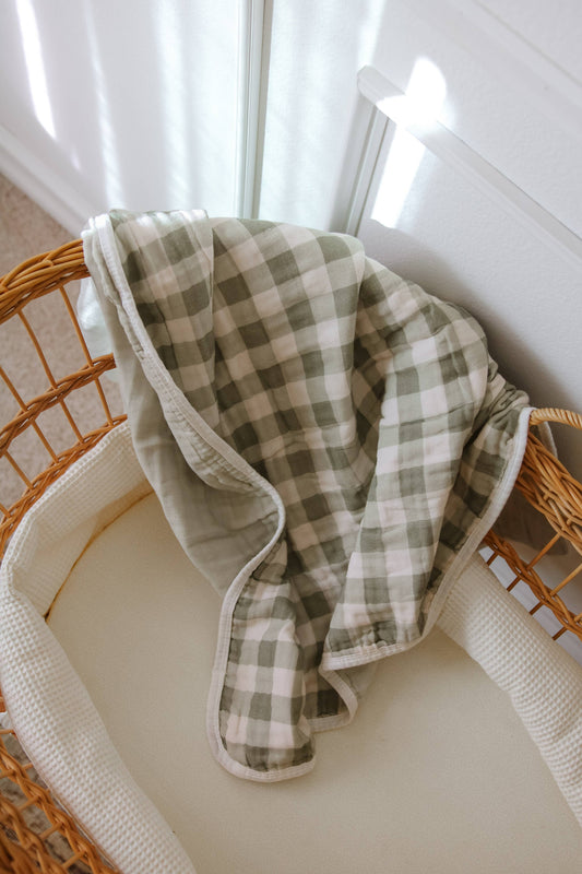 evergreen gingham cotton gauze blanket