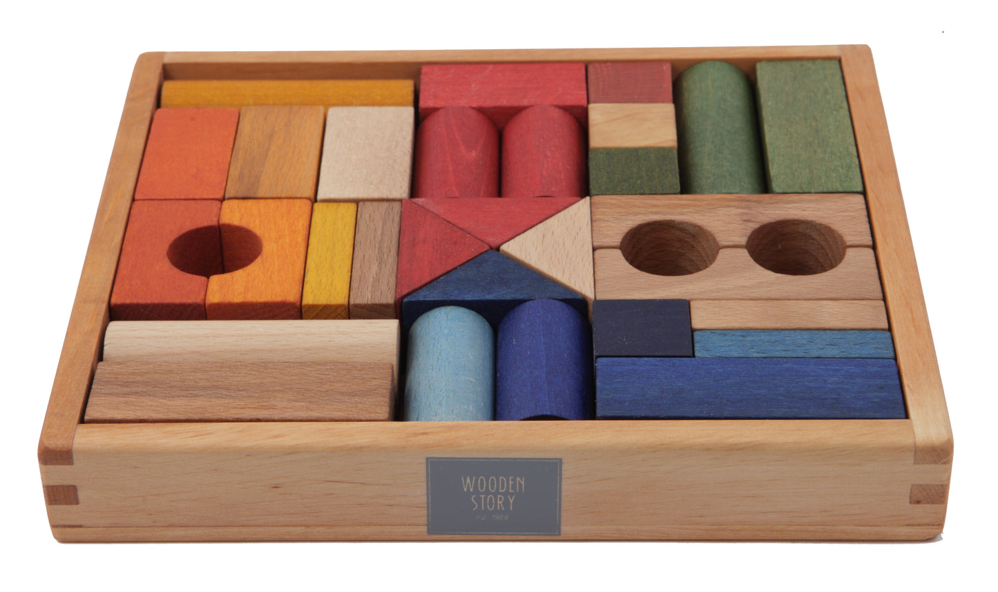 wooden blocks in tray - rainbow 30pcs