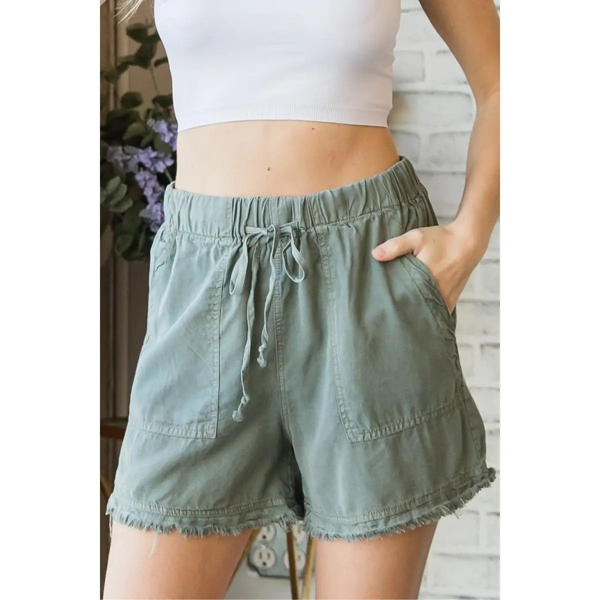 frayed drawstring soft shorts - vintage olive