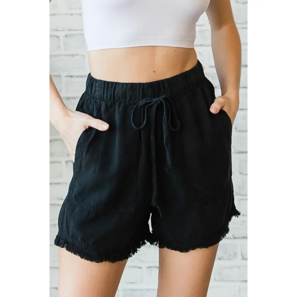 frayed drawstring soft shorts - vintage black