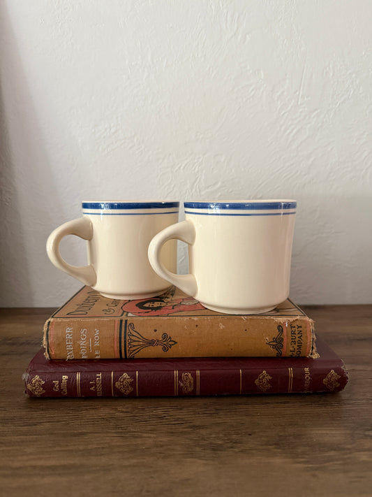 vintage cream + blue striped mugs - set of 2