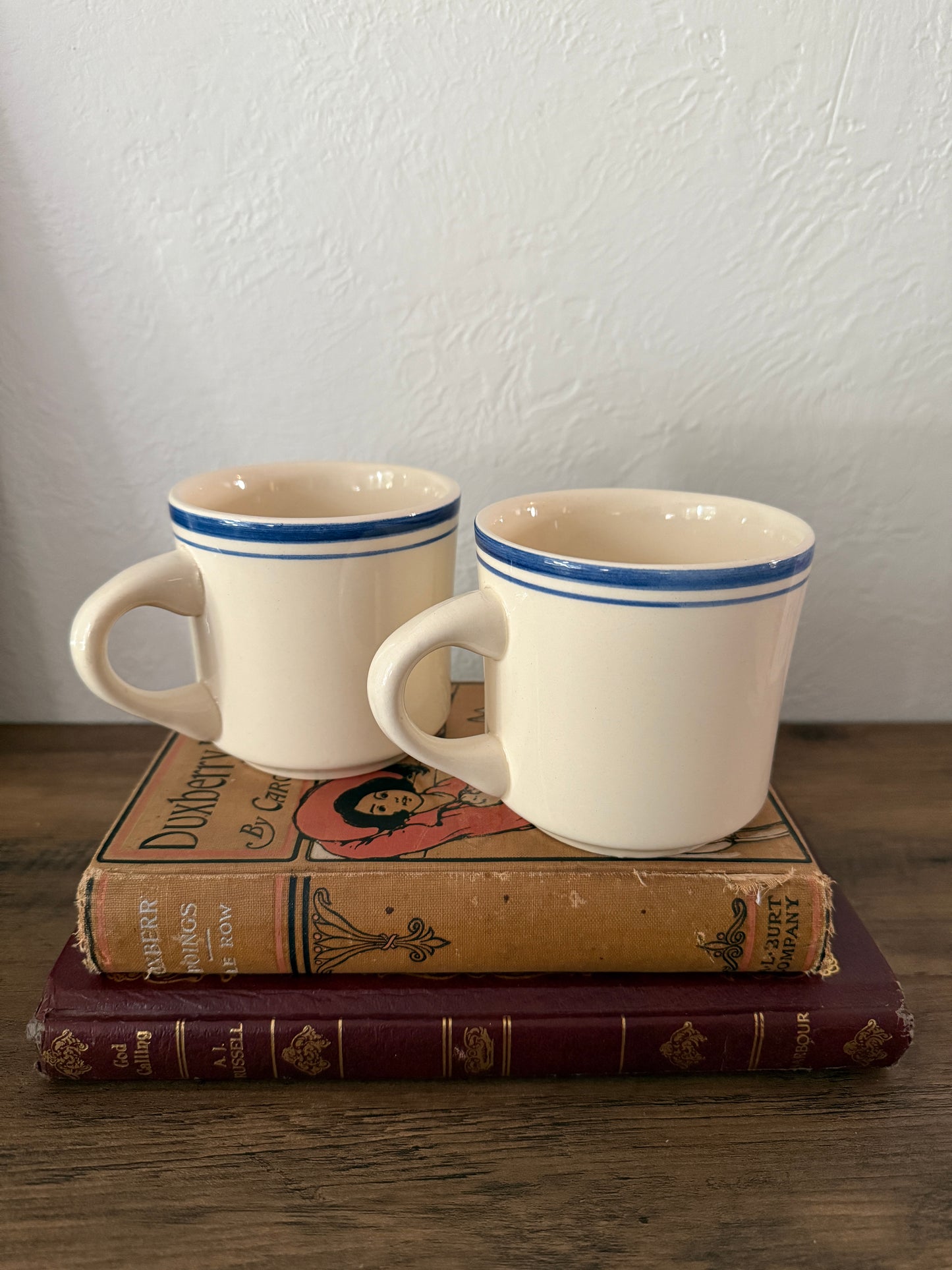 vintage cream + blue striped mugs - set of 2