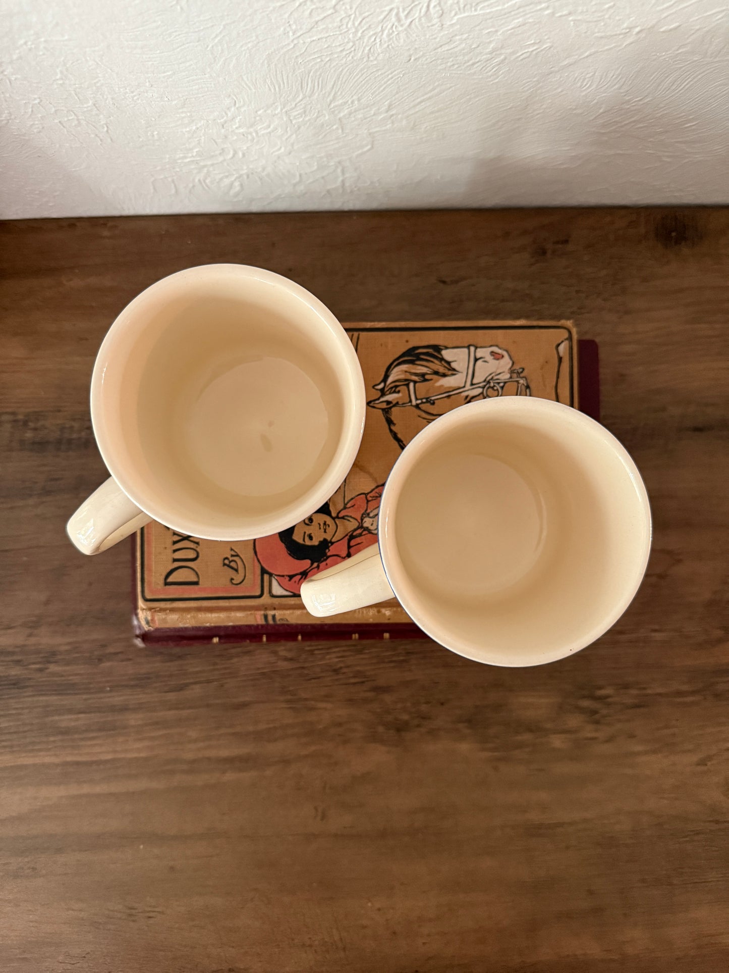 vintage cream + blue striped mugs - set of 2