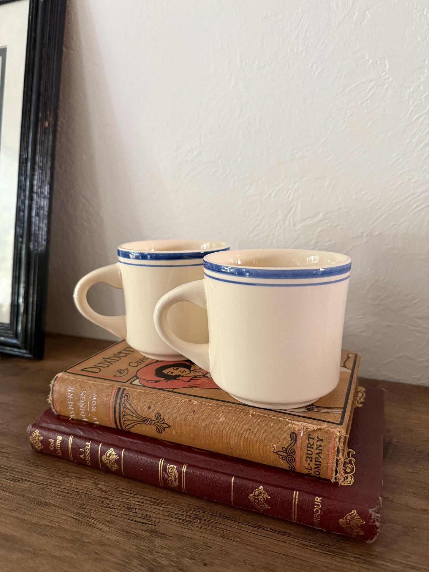 vintage cream + blue striped mugs - set of 2