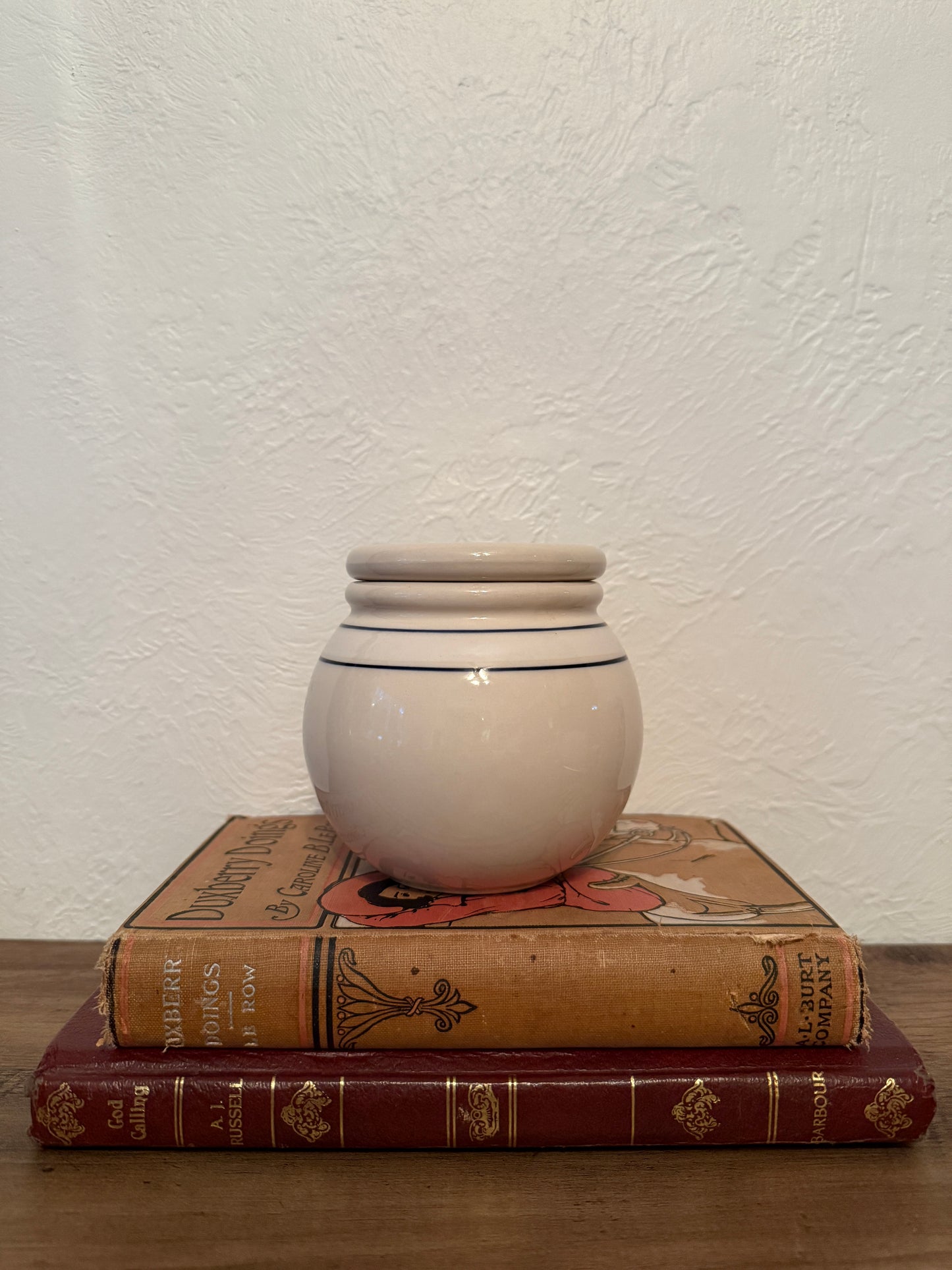 vintage blue + cream canister with lid