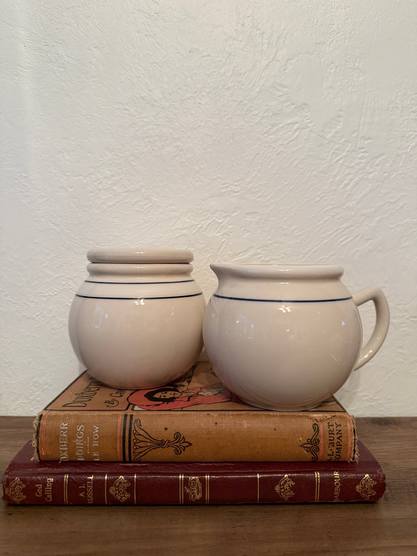 vintage blue + cream canister with lid