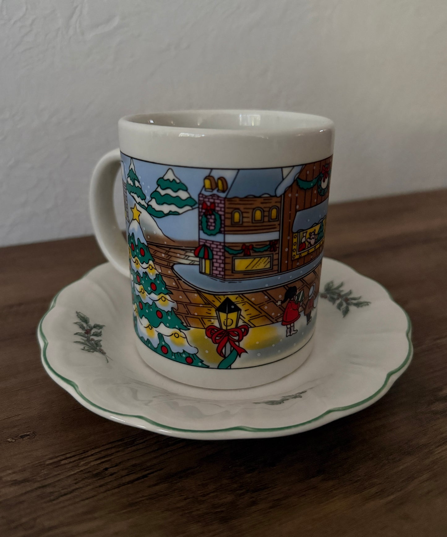 vintage Christmas mug - small town during the holidays