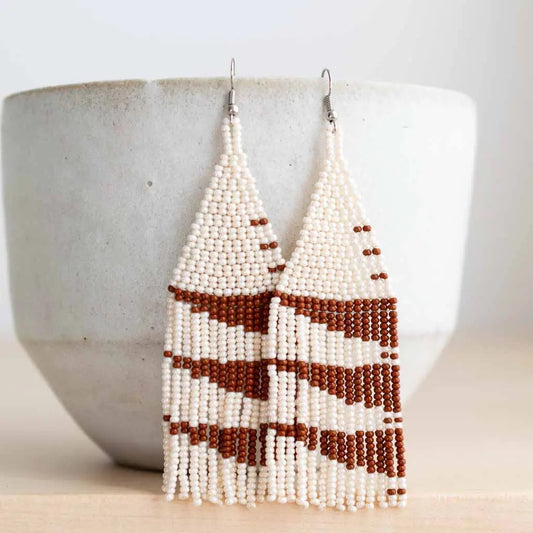 beaded fringe earrings - bone